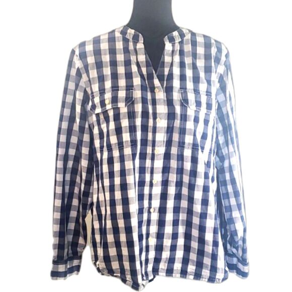 St. John’s Bay White Blue Checked Button-Up Pockets Blouse Size 2X - Picture 1 of 5